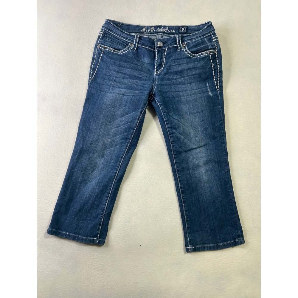 LA Idol USA Womens 9 Denim Capri Jeans Medium Wash Rhinestone Contrast Stitch